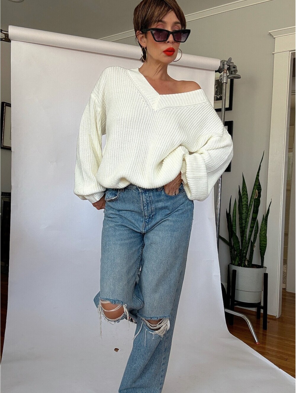 Cream V Neck Sweater